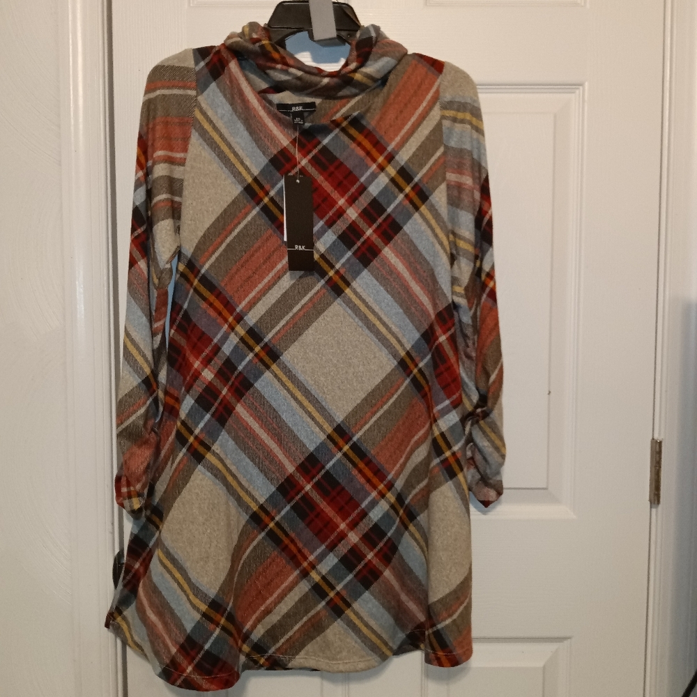 R&K Plaid Dress W/Scarf(PTP 33" L 36") - Picture 3 of 8